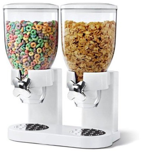 Crystals Single/Double Plastic Dry Food & Cereal Dispenser with Easy Twist Dial Accurate Portion Control Dispensing Tap for Dry Foods - Keeps Food Dry, Clean and Fresh (Double White)