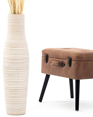 Leewadee Grand Vase A Poser Au Sol pour Branches Décoratives De Pampa, Vase en Bois De Manguier, 70 cm, White Wash
