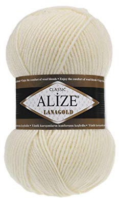 Handstrickgarn Alize LanaGold zum Häkeln, Stricken und Basteln, Wollmischung, warm, weich, natürlich, grob, handgewebt, Stricken, Häkeln, Strickwaren, Wolle, 4 Knäuel, 400 g, 1048 m, Farbe 01 Creme