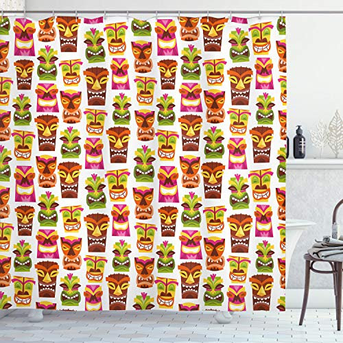 ABAKUHAUS Hawaii Duschvorhang, Retro Hawaiian, Stoffliches Gewebe Badezimmerdekorationsset mit Haken, 175 x 180 cm, Brau Rosa Orange