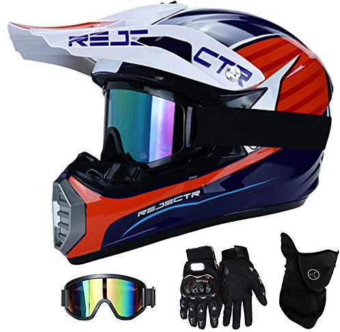 QYTK® Motorradhelm Motocross Helm Kinder Weiß Bblau Rot, MT-54 Full Face Off-Road Motorrad Cross Helme mit Brille Maske Handschuhe, Motorbike MTB Freien Sport Motorcycle Helmet Set,XL(57~59CM)