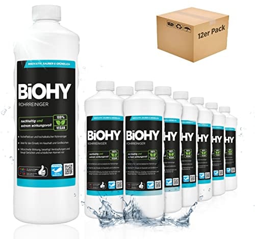 BiOHY Rohrreiniger (12 x 1 Liter) | EXTRA STARK | flüssiger Abflussreiniger | Profi Mittel für Verstopfungen in Küche, Dusche & Toilette | entfernt Haare & Gerüche effektiv | kraftvolles Konzentrat
