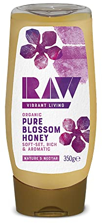 Raw Organics Pure Blossom Cold Pressed Honey 350g - Soft-Set, Runny Honey in Squeezy Bottle - Cold-Extracted & Certified Organic - Raw, Unpasteurized, & Unfiltered - Vegetarian