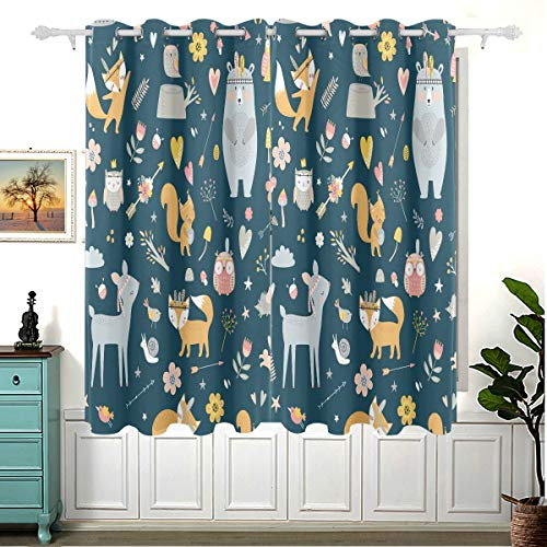 Niedliche Waldtiere, Eichhörnchen, Bär, Hirsch, Fuchs, Eule, Vorhänge für Kinderzimmer, Verdunkelungsvorhänge für Kinderzimmer, kurzes Fenster für Heimdekoration, 137 x 139 cm, 2 Paneele
