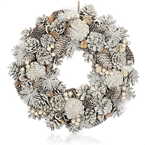 COM-FOUR® Türkranz für Weihnachten - weißer Adventskranz mit vielen Zapfen und Beeren - Dekokranz - Weihnachtsdeko - Tischkranz - Weihnachtskranz