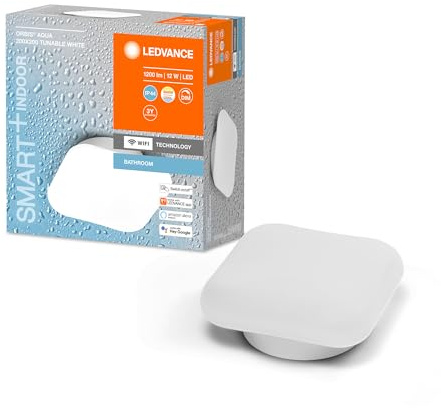 LEDVANCE Smart LED Deckenleuchte, white, 1200LM, 3000-6500K, 200mm x 200mm, IP44, Orbis Aqua Wandleuchte, Wandleuchte mit Wifi Technologie, dimmbar, steuerbar über App und Sprachassistenten,
