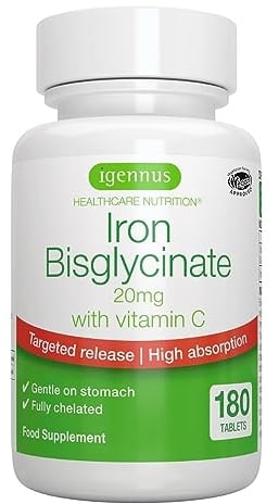 Igennus Chelated Iron Bisglycinate 20mg with Vitamin C, 180 Tablets, 6 Month Supply, Clean Label, Gentle Formula & Targeted Release, One Daily, for Women & Men, Vegan, by Igennus
