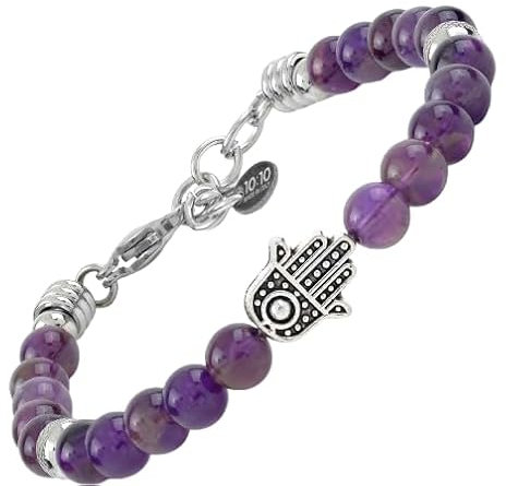 10:10 Armband Hand der Fatima mit Natursteinen, 6 mm, sehr robustes Armband, hergestellt in Italien, 20 cm, Edelstahl Stein, Amethyst