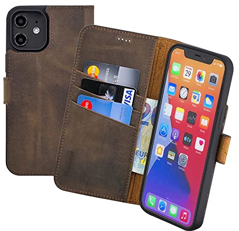 Suncase Book-Style Hülle kompatibel mit iPhone 13 mini (5.4) Leder Tasche (Slim-Fit) Lederhülle Handytasche Schutzhülle Case mit 3 Kartenfächer in antik-braun