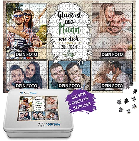Foto-Puzzle mit 5 Fotos Bedrucken - Glück ist einen Mann wie Dich zu haben - Collagen-Puzzle selber gestalten für den Mann - 1000 Teile inkl. hochwertiger Metalldose