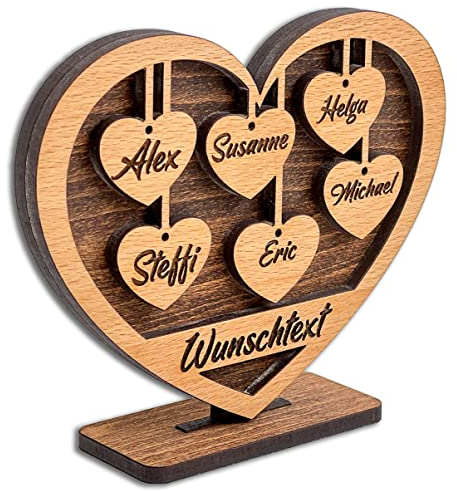 DARO Design - Herz mit Gravur aus Holz - Wunschtext und 6 Namen - Geschenk für Eltern, Großeltern, Oma, Opa, Enkel, Freunde, Liebe - Größe 15x12x4cm - Individuell, Persönlich
