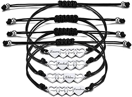 INBLUE Benutzerdefiniert Passendes Herz-Armband-Set, Personalisierter Name 4 Stück Edelstahl BFF Silber Bester Freund-Armband-Set, Freundschaftsgeschenk für Schwestern Best Friends Besties Frauen