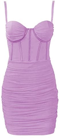 FEOYA Women's Spaghetti Strap Bodycon Dress Short Ruched Clubbing Dresses Mesh Tulle Corset Mini Dress Casual Backless Strappy Skirt Summer Sexy Fishbone Skirts Party Cocktail Solid A Purple M