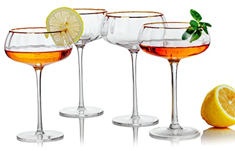 Lysenn Vintage Coupe Glasses Set of 4 - Hand Blown Gold Rim Martini Glasses - for Your Next Cocktail & Champagne Party - 9fl oz