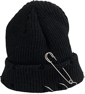 Damen Herren Bonnet Ripped Anti-Pilling Winter Beanie Solid Color for Street Black