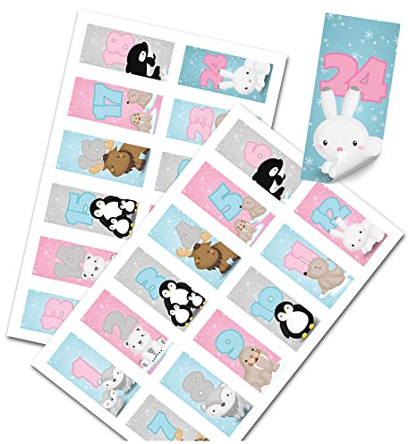 Yabaduu DIY Adventskalender Zahlen zum Aufkleben Nummern 1-24 Selbstklebende Sticker für Weihnachten Weihnachtskalender Selber Basteln Y048 (15 Polartiere Streifen)