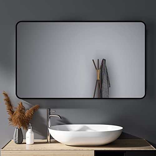 HY-RWML Spiegel Schwarz 100x60 cm Wandspiegel Rechteckiger Abgerundete Ecken Wandmontage Edelstahl Kosmetikspiegel für Badezimmer Wohnzimmer Glatte Spiegeloberfläche