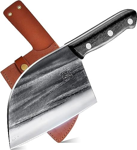 ENOKING coltelli da cucina professionali 17cm, affilato mannaia da cucina per tagliare, disossare, sminuzzare, mannaia macellaio multiuso con fodero in pelle per cucina, campeggio e barbecue