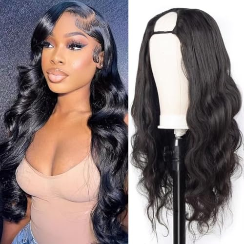 DaiMer None Lace Front Machine Made Wig Body Wave U Part Human Hair Wigs For Black Women 130% Density Natural and Soft Brazilian Remy Hair Extensions Clip In Half Wigs 22 Inch Natural Color