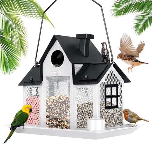 Solar Vogelfutterspender Haus zum Aufhängen im Freien, Metall Wildvogel-Futterstation für draußen, große Kapazität, Kardinal-Vogelfutterhaus, Vogelfutterstation, Metall, Weiß