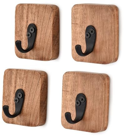 EDHAS Acacia Wood Natural 4 PCS Wall Mounted Rustic Decorative Coat Hook for Hanging Coat Clothes Hat Bag Purse and Towel (7.62cm x 6.35cm x 1.90cm)