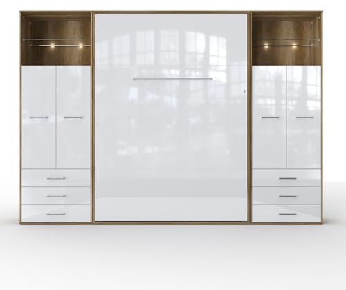 MAXIMAHOUSE Schrankbett vertikal Invento LED 140V mit 2 Regalen, Lattenrost aus Holz, Wandklappbett 140x200 modern Concept und Design, stabil,praktisch,platzsparend