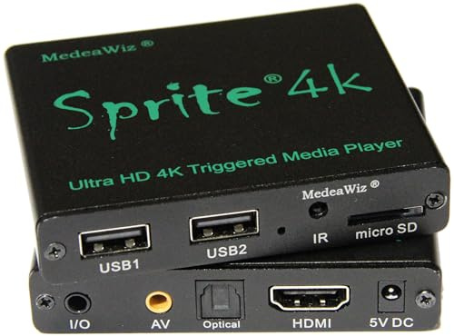 MedeaWiz DV-S4 Looping 4K Media Player, HDMI, NTSC, PAL, USB, RCA, 2x Ports, Black, Compatible with Television, Projector, Monitor, Personal Computer