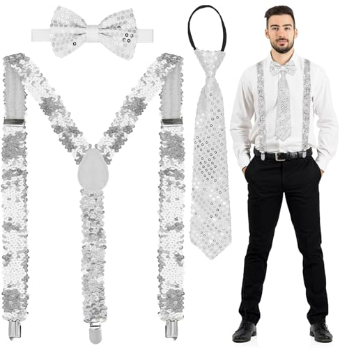 TOPJOWGA Shinny Pailletten Kostüm, 3 teiliges Pailletten Hosenträger Glitzer Fliegen Krawatten, Glänzende Pailletten Jazz Hip-Hop Disco Karneval Outfit für Fasching Karneval Silvester Party (Silber)