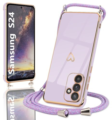 Micoden Coque pour Samsung Galaxy S24 5G Silicone avec Collier avec Motif Coeur d'amour Mignon Etui Housse avec Cordon Tour de Cou Lanière en Corde pour Samsung Galaxy S24 5G(Violet)