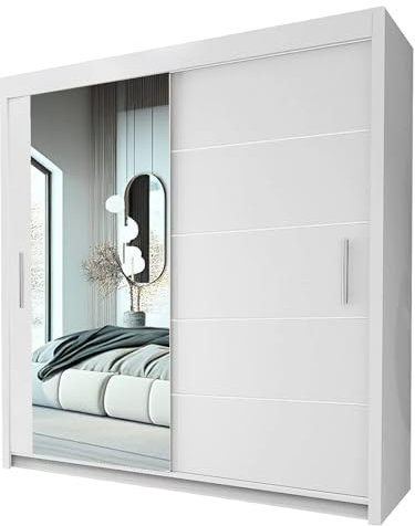 INTERIOR EMPORIUM's ONYX Mirror Sliding Door Wardrobe 120cm/150cm/180cm/203cm/250cm, You Can Get This to Create a Chic Retreat in Your Bedroom. (WHITE, 203CM)