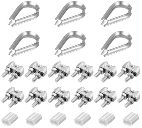 sourcing map M3 Wire Rope Accessory Set for 1/8 Dia Wire Rope, 12Pcs Wire Rope Cable Clip Clamp, 6Pcs Thimble Rigging, 6Pcs Aluminum Crimping Loop Sleeve