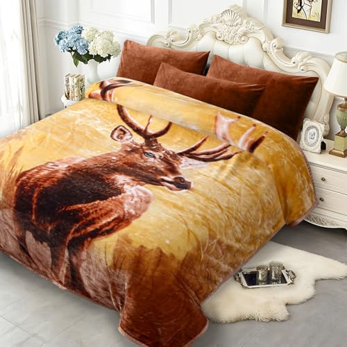 JYK Koreanische Nerzdecke, 2,3 kg Fleece-Bettdecke, 2-lagig, wendbar, 520 g/m², seidig weicher Plüsch, warme Decke für Herbst und Winter, A&B-Muster Bedruckt, Queen-Size-Bett 190,5 x 221 cm, Hirsch