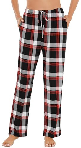 Lovasy Pantalon Pyjama Femme à Carreaux Bas de Pyjama en Coton Hiver avec Poches Pantalon de Nuit Doux et Confortable Long Grande Taille B-Rouge et noir M