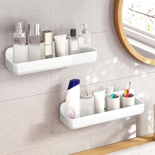 Diesisa 2 Piezas Estanteria Baño Sin Taladro, Estanteria Ducha Montaje en Pared, Estante Ducha Adhesiva, Organizador Ducha Secado Rápido, Estanteria Baño Sin Tornillos (Largo-Blanco)