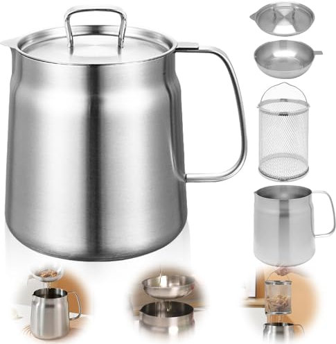 Récipient à graisse en acier inoxydable - Boîte à graisse de 2 l - Avec filtre à mailles fines - Couvercle anti-poussière - Bol antidérapant - Ustensiles de cuisine pour le stockage de l'huile de
