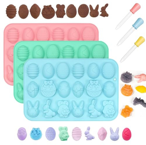 behone Silikonform Ostern,3 stk Backform Ostern,Silikon backform ostern,Pralinen Kaninchen,Ei Silikonform,Pralinen Ostern 3D Silikonform,Ostern Silikon Pralinenform(18 Hohlräume,mit 3 Tropfer)
