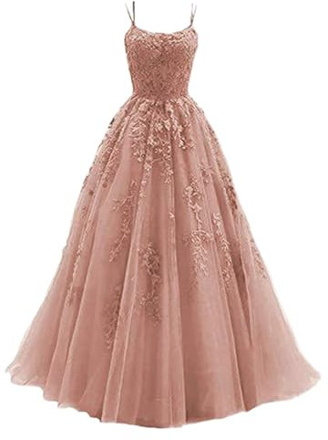 Lace Appliques Evening Dresses A Line Formal Party Evening Cocktail Dress Women's Ball Dress Made of Tulle with Spaghetti Straps Long Wedding Dresses Maxi Dress Tulle Dress, Rose Gold, XL