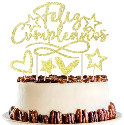 BOOMTOP 9pcs Feliz Cumpleaños, Decoración Tarta Cumpleaños, Topper Cake Happy Birthday en Texto Español con Estrella Corazón, Adorno Tarta Cake Decoracón Papel Dorado Brillante Cupcake Regalo
