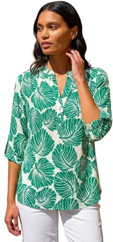 Roman Shirt for Women UK Ladies Top Collarless Blouse Stretchy Tunic Smart Casual Autumn Winter Jersey 3/4 Length Sleeve Notch V Neck Flattering Office Work - Size 10 - Green Floral