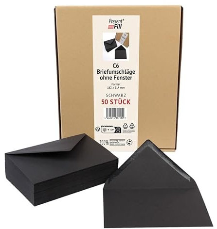 PresentFill® 50 x Briefumschläge Schwarz C6-162 x 114 mm ohne Fenster I 100% Recycling Kraftpapier I 120 g/m² stark I Blauer Engel zertifiziert I Made in Germany