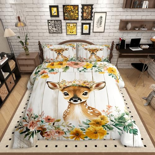 Homewish REH Bettwäsche 155x220 Kinder, Wald Cartoon Tier Hirsch Bettbezug Niedlich für Mädchen Jungen, Braunbeige Ästhetische Bett Set, mit 1 Kissenbezug Holzbrett Dekor, Weiche Mikrofaser