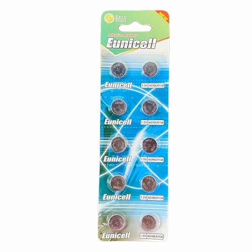 Pack of 10 - LR1130/AG10 Eunicell 1.5V Button Coin Cell Alkaline Batteries - Suitable for use in LED lights, Digital Voice Recorders, Toys, Blood Glucose, Cholesterol Testing, Meters, Toys