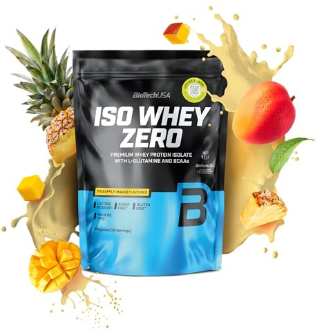 BioTechUSA Iso Whey Zero | Molkenprotein-Isolat mit hohem Proteingehalt | Mit BCAA & Glutamin | Laktosereduziert, Zuckerfrei, Glutenfrei | 21 g Eiweiß pro Portion | 454g, Ananas-Mango