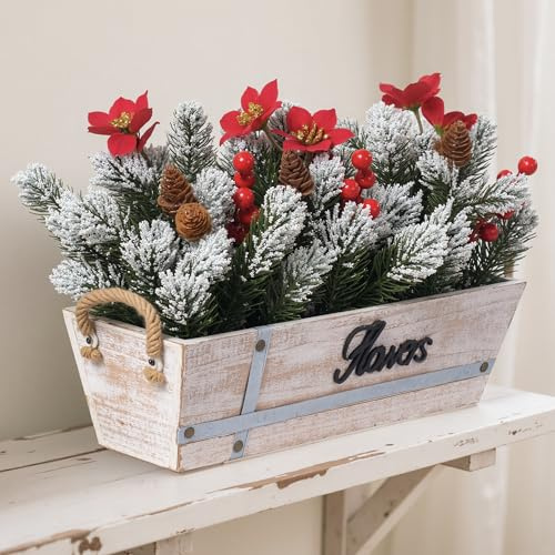 Artificial Christmas Table Centerpiece, Snowy Norfolk Pine Garland with Red Poinsettias, Pine Cones & Berries in Rustic Wooden Planter, Festive Xmas Table Decoration for Home & Office