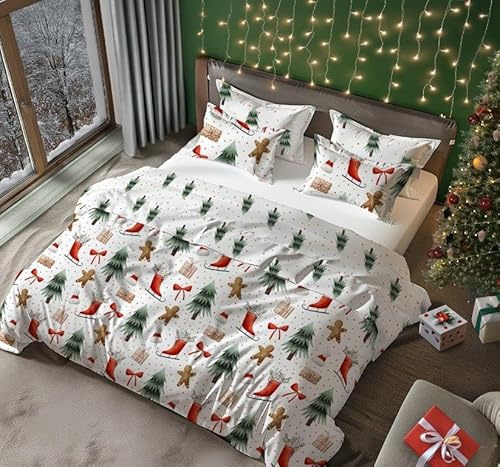 Faro Bettwäsche Set Baumwoll Weihnachtsbettwäsche (Weiß Bunt - Lebkuchen und Weihnachtsbäume, 220x200 + 2x70x80 (3 TLG))