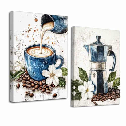 LZIMU 2Pcs Coffee Canvas Wall Art Vintage Coffee Bean Moka Pot Pictures Prints Rustic White Flower Paintings Retro Aesthetic Poster for Kitchen Cafe Bar Decor (Blue, (28x35cmx2 Pieces))