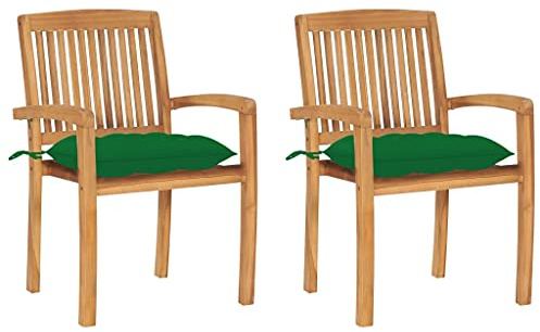 Emmtore 2X Teak Massiv Gartenstuhl mit Grünen Kissen Stapelbar Stapelstuhl Holzstuhl Gartensessel Stapelsessel Gartenmöbel Stuhl Terrassenstuhl