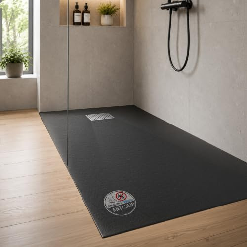 Dalsys Duschwanne mit Ablaufgarnitur 140 x 90cm | flache Duschtasse in Steinoptik inkl. Siphon - bodengleiche Dusche schwarz