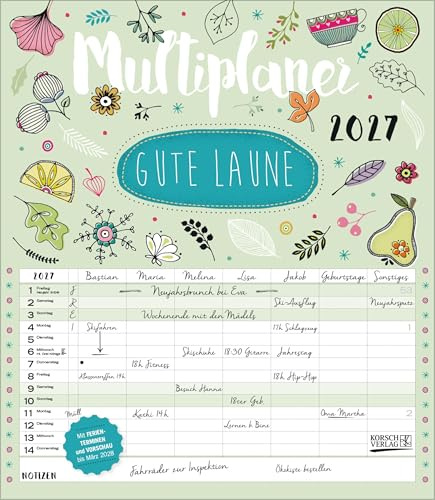 Multiplaner - Gute Laune 2027: Familienplaner, 7 breite Spalten. Großer Familienkalender mit Ferienterminen, extra Spalte, Vorschau bis März 2027 und Datumsschieber. Format: 40x46 cm