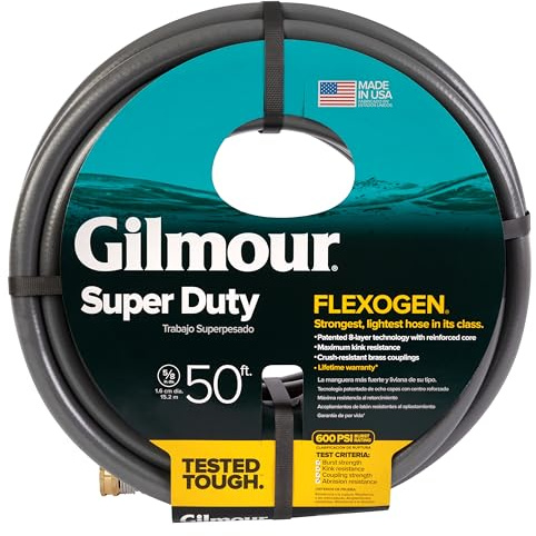 Gilmour Flexogen 5/8 in x 50 ft Garden Hose, Heavy Duty Water Hose, Flexible and Kink Resistant Outdoor Hose, Gray